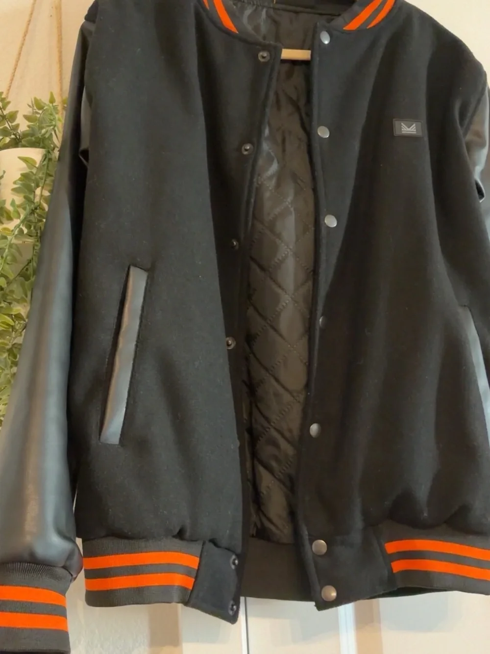 Black Varsity Jacket with Orange Stripe Trim